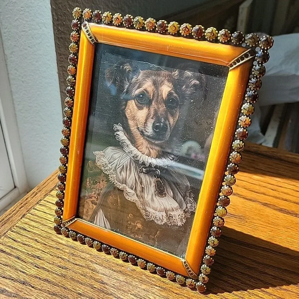Vtg enamel & faux gemstone picture frame copper 4x6 photo Royal Dog art print